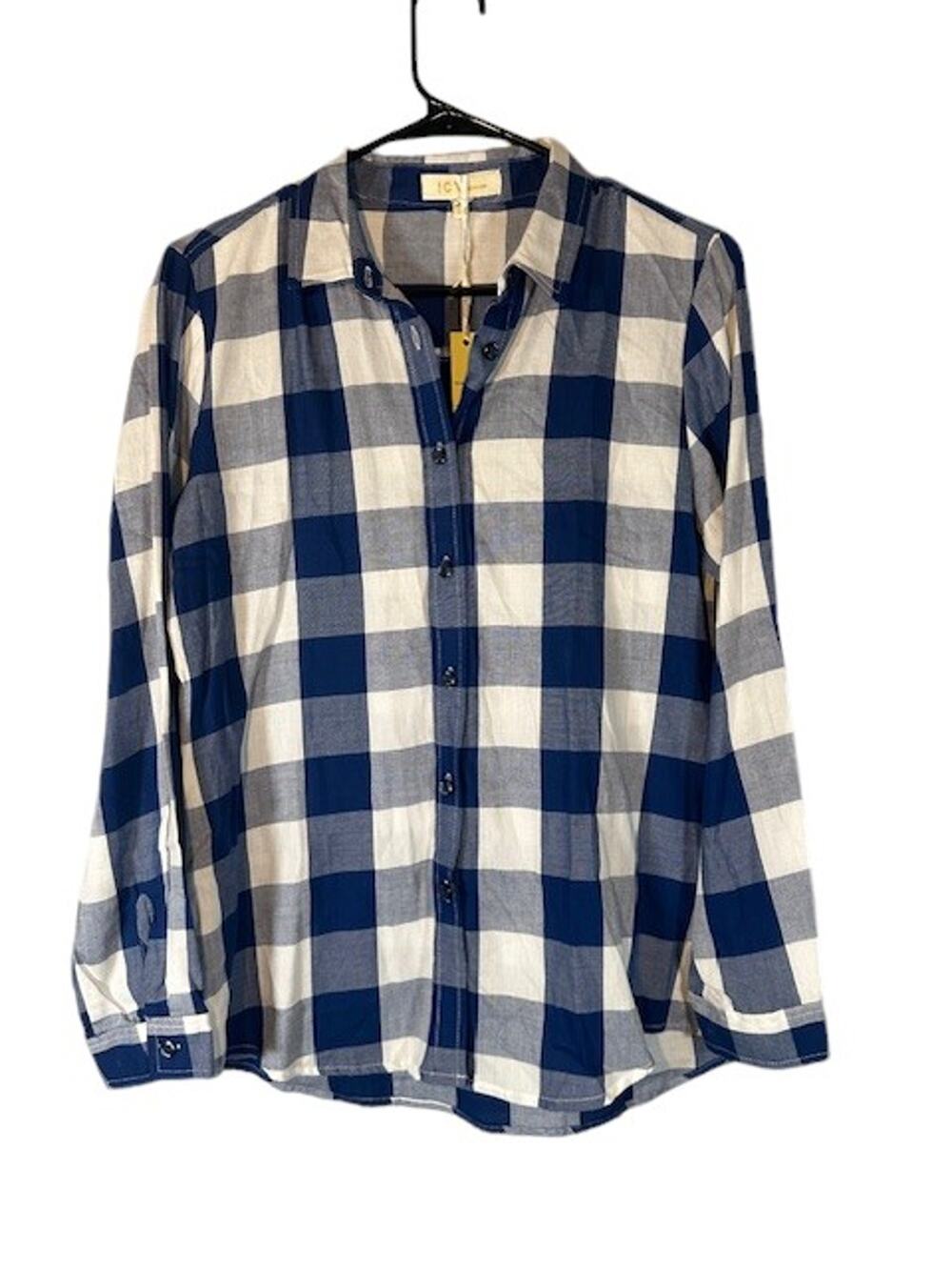 ICY Blue White Plaid Collared Long Sleeve Cotton Button Down Shirt Women Sz M